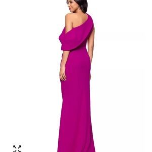 Betsy & Adam Asymmetric Off-The-Shoulder Gown